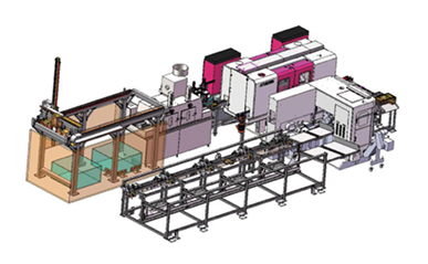 上料+鋸切+料頭料尾分選+過渡輸送+雙頭倒角+出料輸送+清洗機+桁架碼垛+料框轉(zhuǎn)運